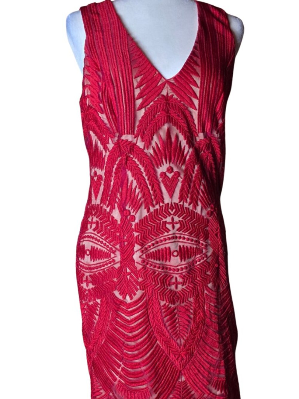 Bardot 8/M Cocktail Dress Embroidered Mesh Overaly Lace Illusion Fitted Red Dres